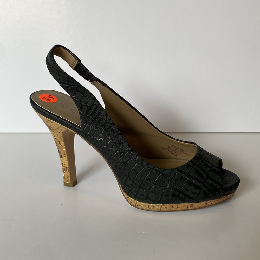 NINE & CO Black Crocodile Strap Sandals Heels… Peek a Boo Toe!  Size 7 1/2